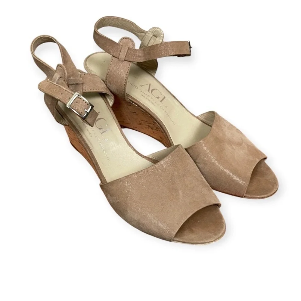 AGL Women Nude Shimmer Suede Cork Wedge Sandal 39 Attilio Giusti Leombruni Italy